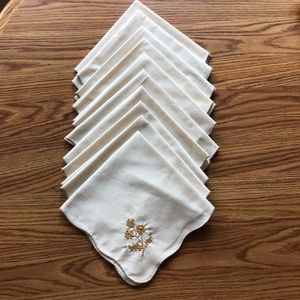 Set of Ten Off White Vintage Embroidered Scalloped Cloth Napkins